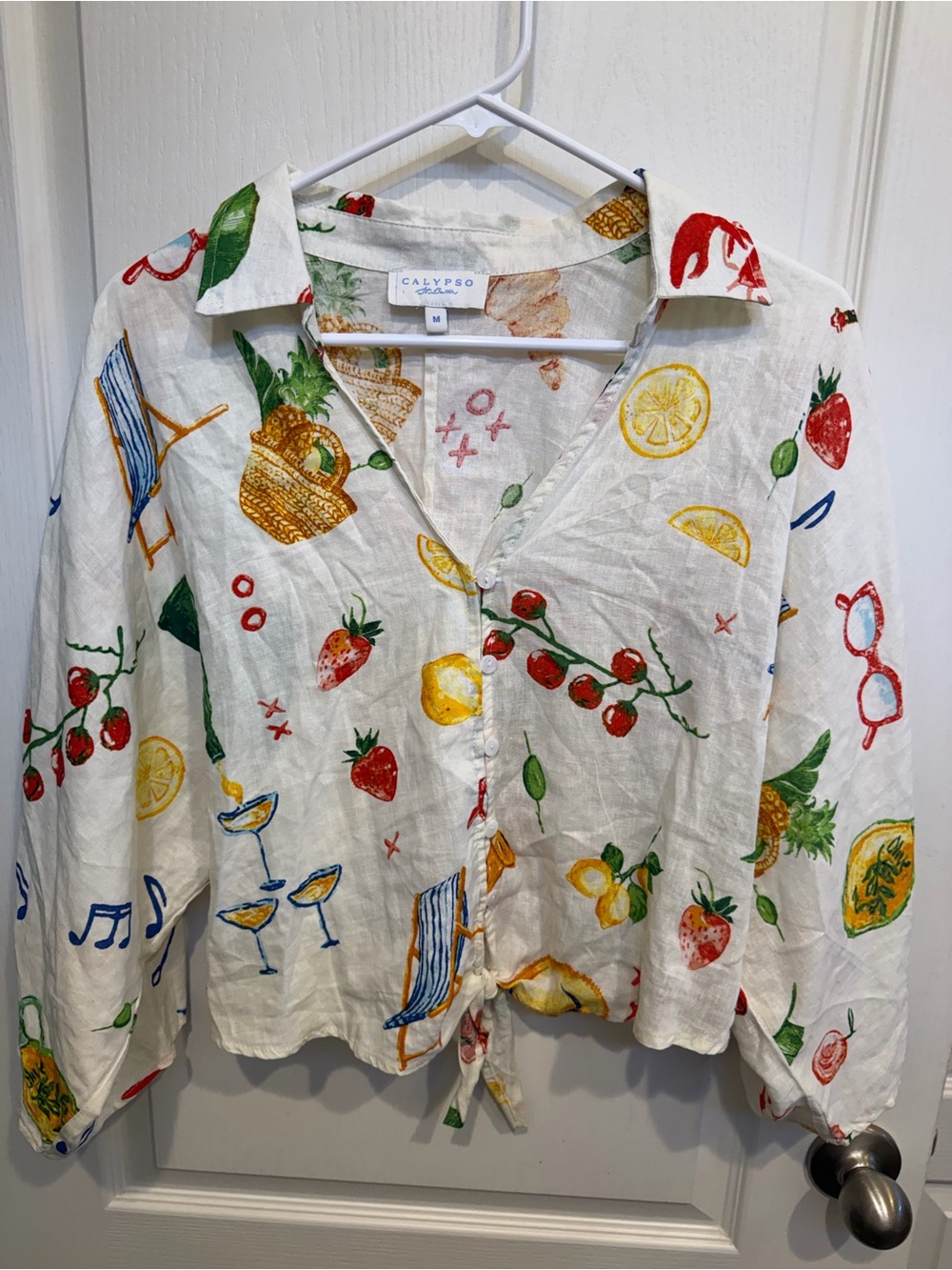 Calypso St. Barth Linen Blend Novelty Print Shirt M Fruit Lemon Resort Coastal